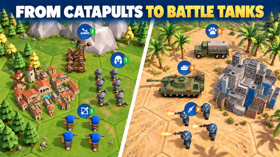 Domination Dynasty armies progressing from catapults to battle tanks