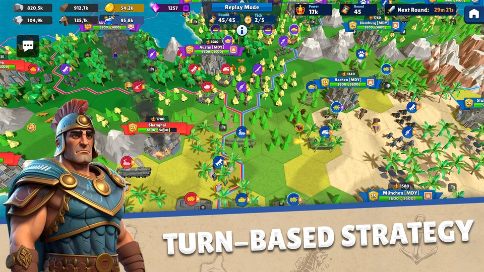 Turn-based battle with armies and rival cities on the hexagonal map