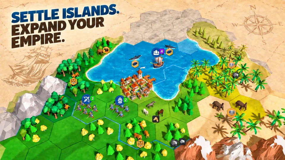An island with hexagonal terrain, forests, mountains and new settlements