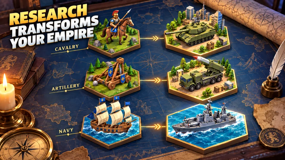 Research progression for cavalry, artillery and navy in Domination Dynasty